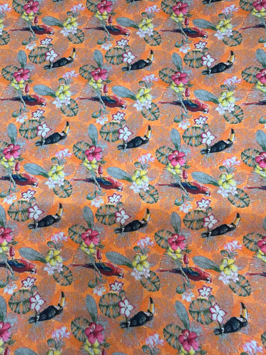 Neckertie Orange med fugle og blomster og grøn kant