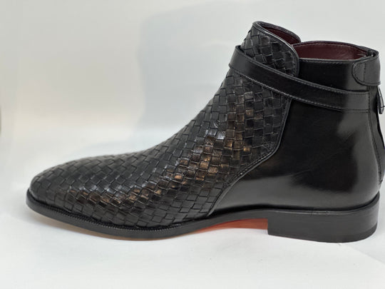 Sort flettet herresstøvle i læder og ruskind