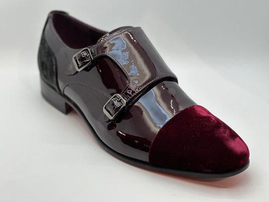 Dobbelt monk Laksko i Bordaux med velourspids og sort velour på hæl