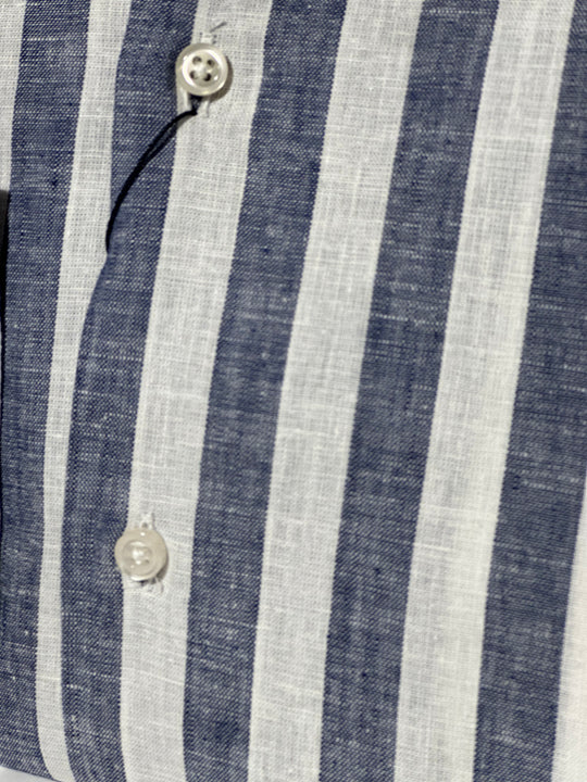 David K. Skjorte — blå/Hvide Striber i Bomuld-Hør