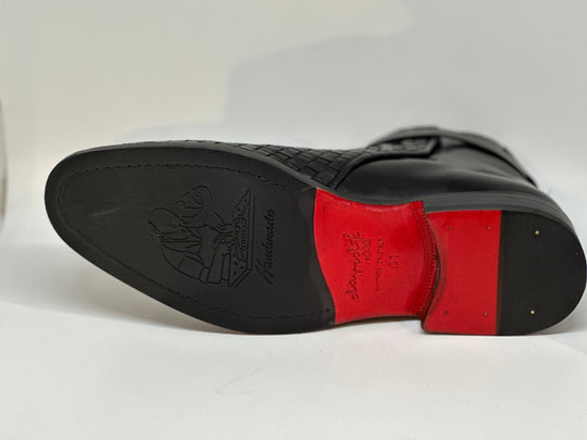 Sort flettet herresstøvle i læder og ruskind