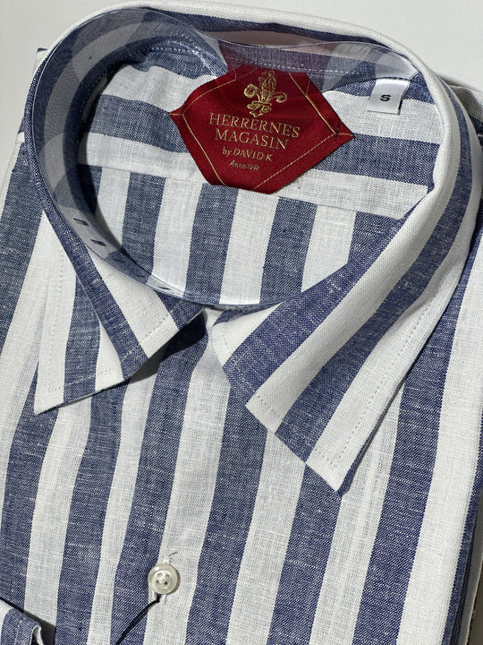 David K. Skjorte — blå/Hvide Striber i Bomuld-Hør