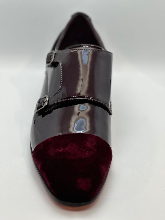 Dobbelt monk Laksko i Bordaux med velourspids og sort velour på hæl