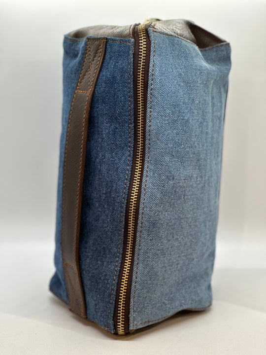 Toilettaske i Brun kalveskind og Blå Denim