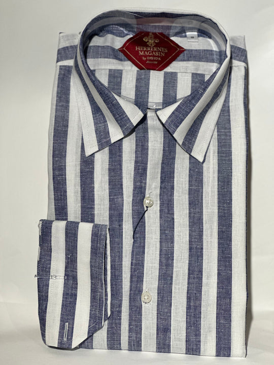 David K. Skjorte — blå/Hvide Striber i Bomuld-Hør