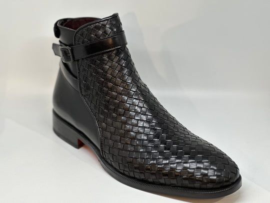Sort flettet herresstøvle i læder og ruskind