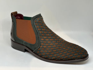 Chelseastøvle i grøn og brun med flettet mønster