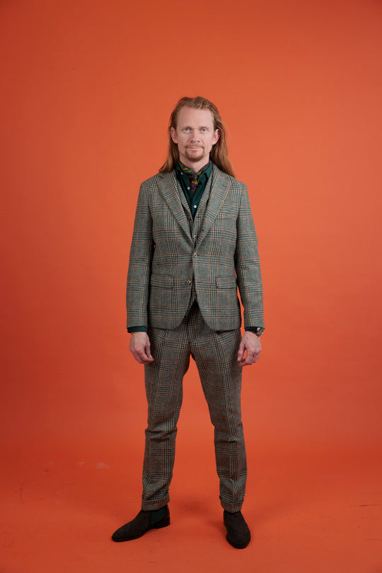 Ternet jakkesæt i tweed med Houndstooth - Grøn, Brun og Rustfarvet i metervare fra Lanficio di Pray