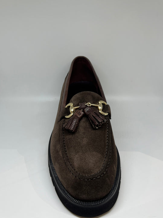 Brun ruskinds Loafer med chunky sål, gylden bidsel, tassels og læder detaljer på hæl