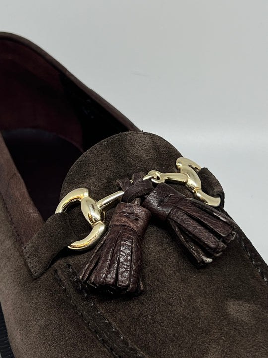Brun ruskinds Loafer med chunky sål, gylden bidsel, tassels og læder detaljer på hæl