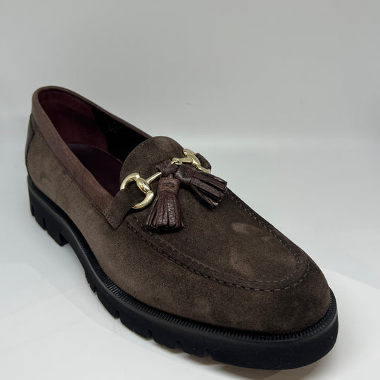 Brun ruskinds Loafer med chunky sål, gylden bidsel, tassels og læder detaljer på hæl