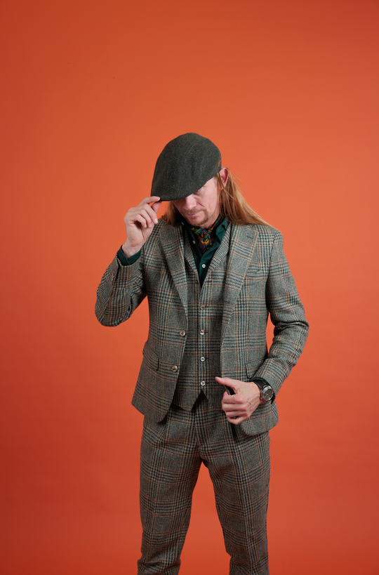 Ternet jakkesæt i tweed med Houndstooth - Grøn, Brun og Rustfarvet i metervare fra Lanficio di Pray