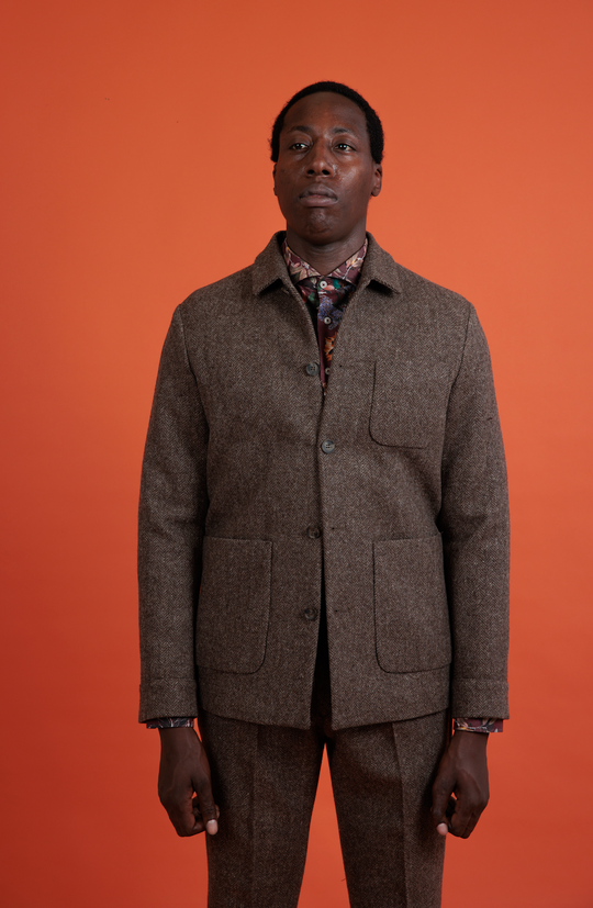 Brunt Overshirt-jakkesæt i cashmere/Flannel fra Lanficio di Pray med houndstooth - bukser med læg og sidejustering i linning