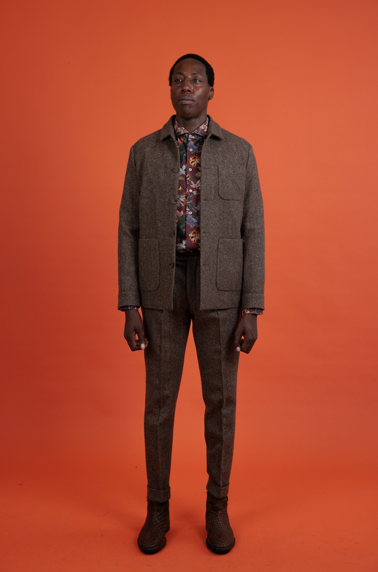 Brunt Overshirt-jakkesæt i cashmere/Flannel fra Lanficio di Pray med houndstooth - bukser med læg og sidejustering i linning