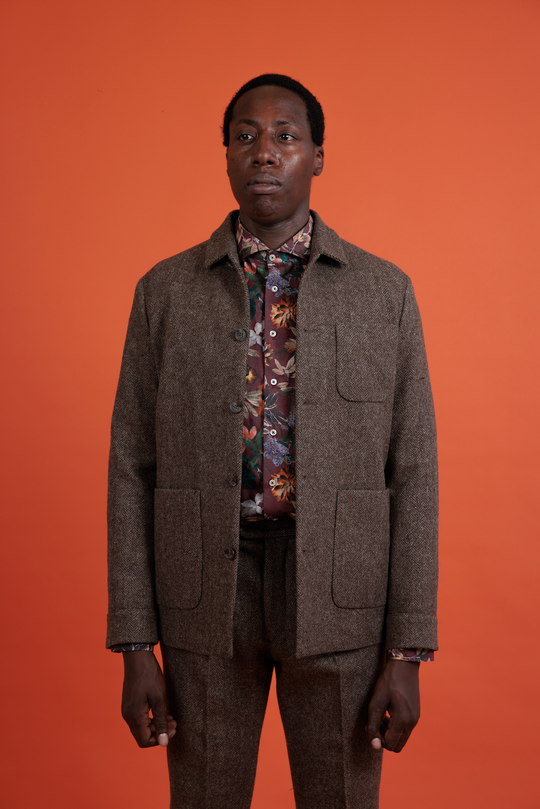 Brunt Overshirt-jakkesæt i cashmere/Flannel fra Lanficio di Pray med houndstooth - bukser med læg og sidejustering i linning