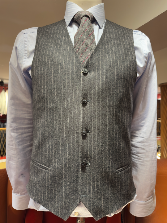 Vest David K. ANTRACIT/STRIB Flannel i italiensk uld uden revers og metervare på ryggen 5 knapper på front (kopi)