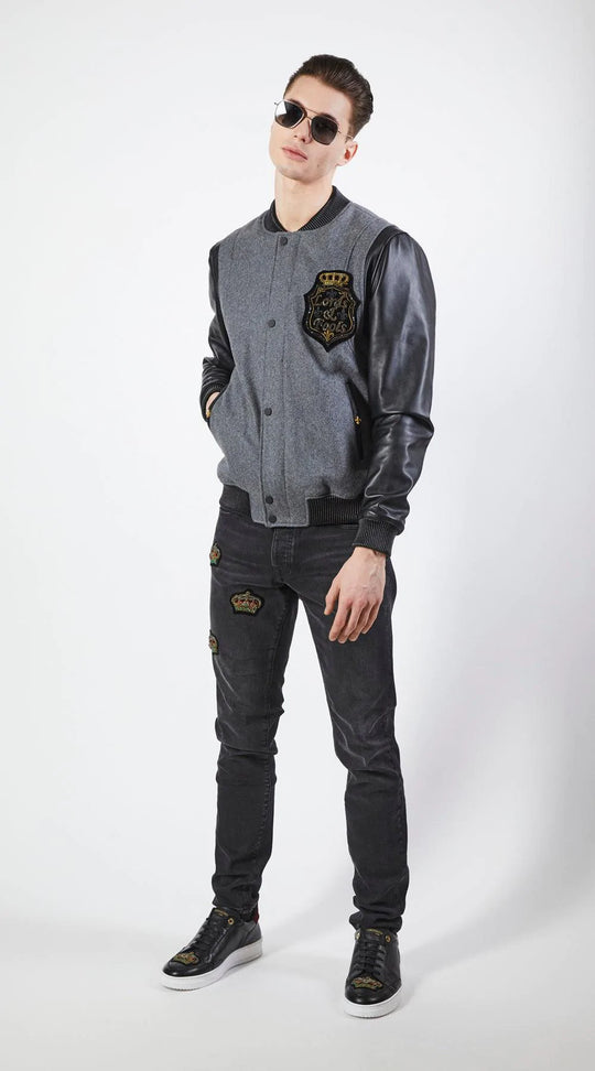 Lords&Fools kort bomberjacket med læderærmer og broderet L&F logo på bryst