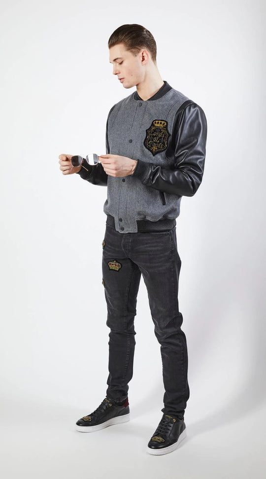 Lords&Fools kort bomberjacket med læderærmer og broderet L&F logo på bryst