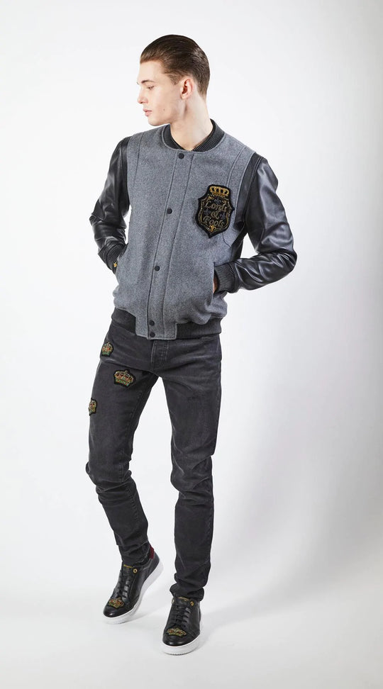 Lords&Fools kort bomberjacket med læderærmer og broderet L&F logo på bryst