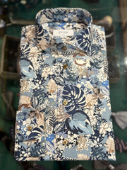 Blomstret Eton herreskjorte i blå, brune og hvide nuancer
