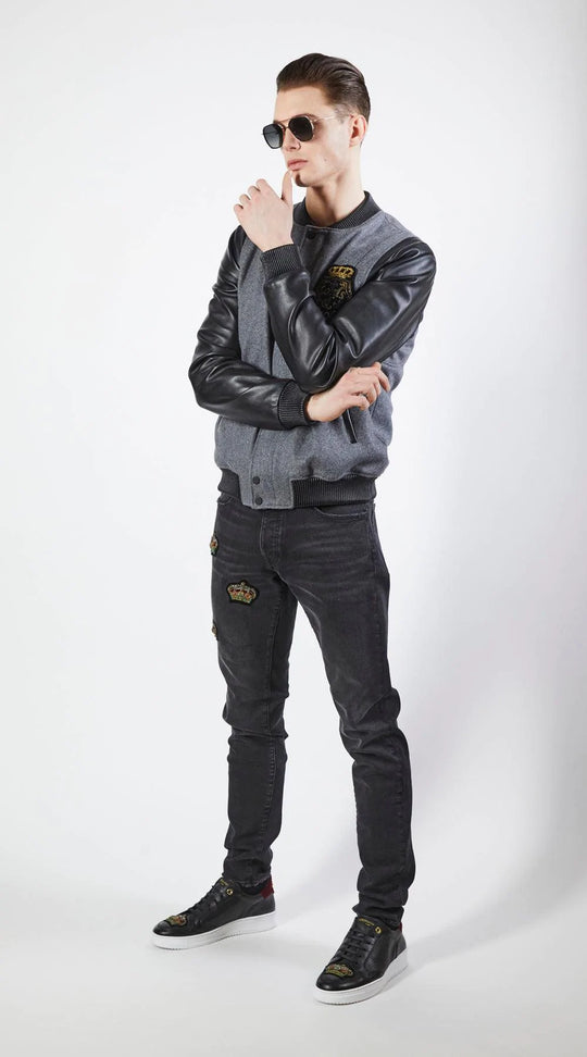 Lords&Fools kort bomberjacket med læderærmer og broderet L&F logo på bryst