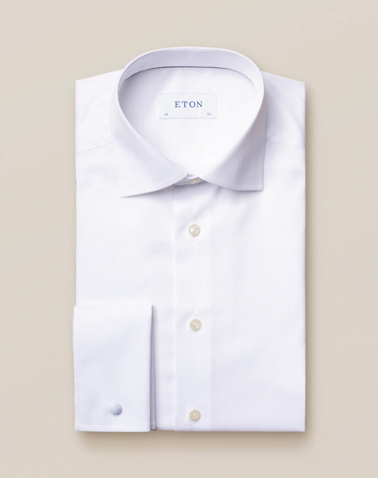 Hvid Eton skjorte i Twill med dobbltmanchet - Slim Fit