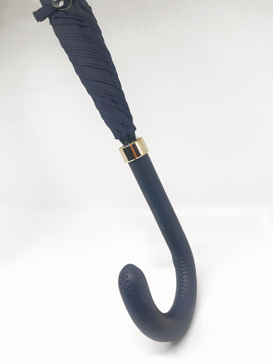 Navy paraply med navy læderhåndtag