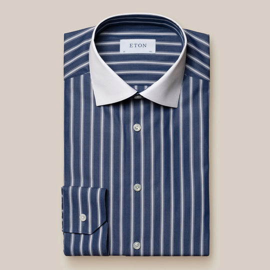 Eton "Fridayshirt" - Navy med hvide striber og hvid krave