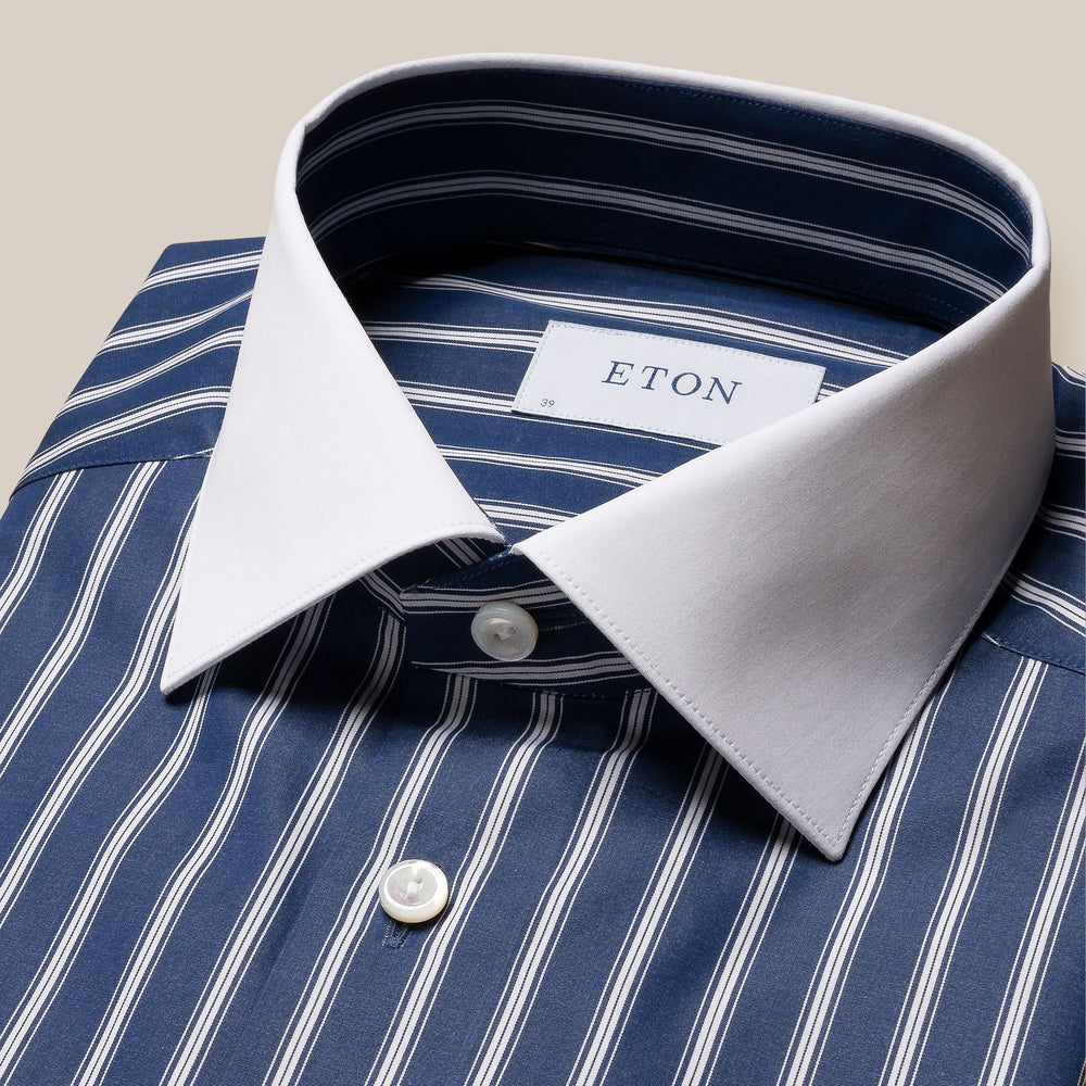 Eton "Fridayshirt" - Navy med hvide striber og hvid krave