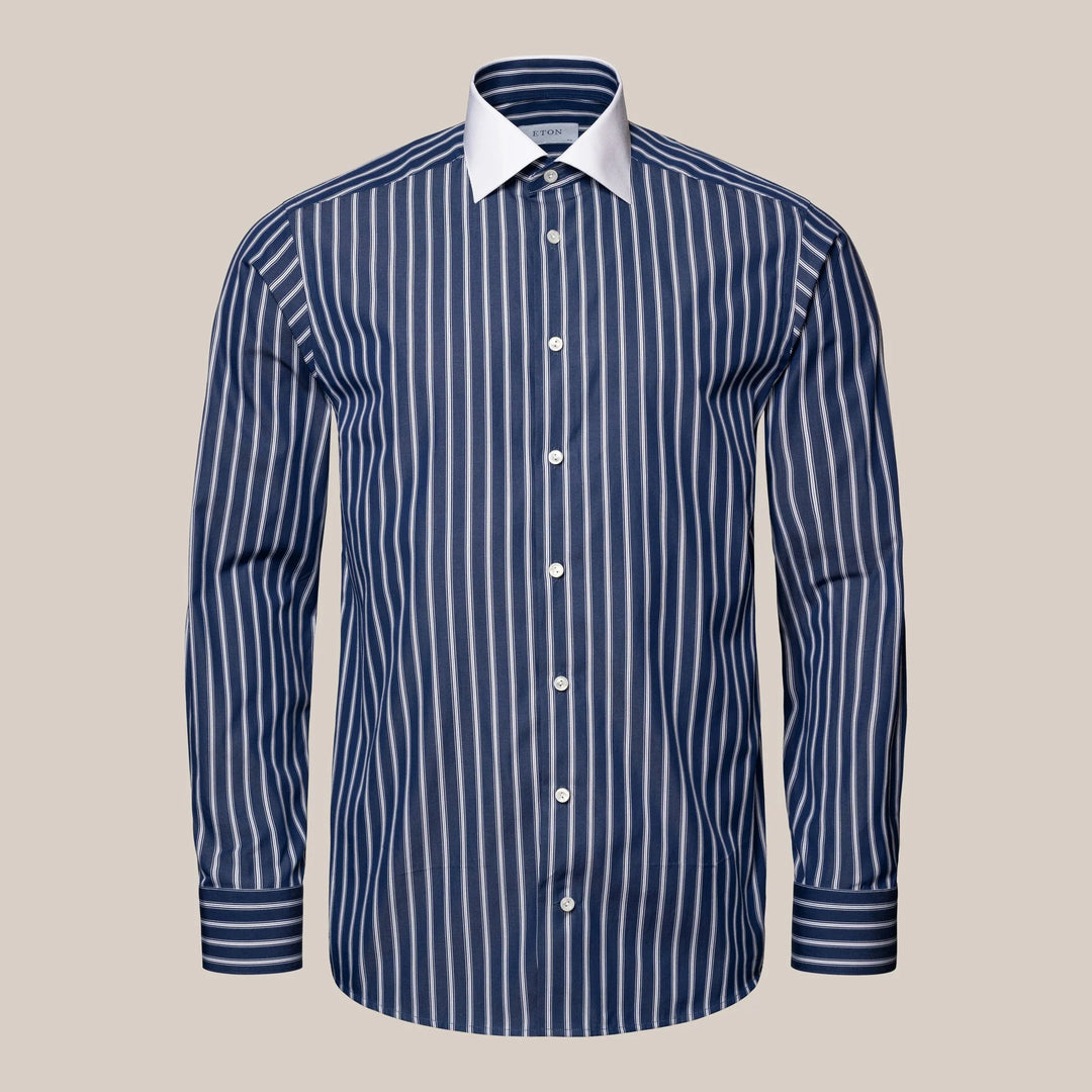 Eton "Fridayshirt" - Navy med hvide striber og hvid krave