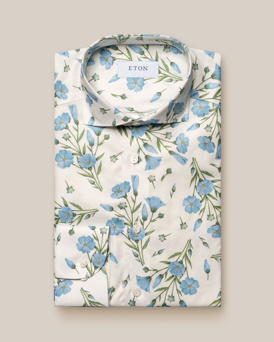 Eton Signature Twill Herreskjorte i hvid med blå blomster