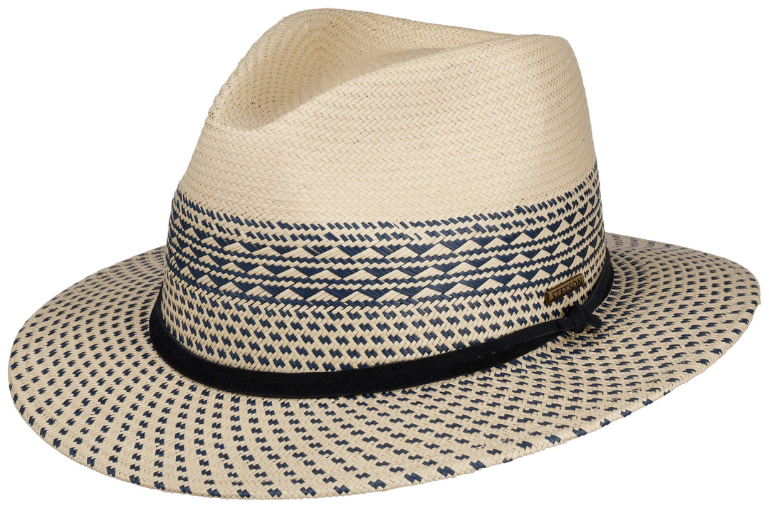 Stetson Traveller Toyo Beige/Blå - stråhat med blåt og hvidt stribet bånd