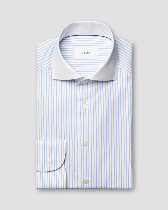 Blå stribet Oxford herreskjorte med hvid krave - slim fit