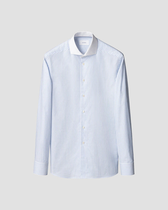 Blå stribet Oxford herreskjorte med hvid krave - slim fit