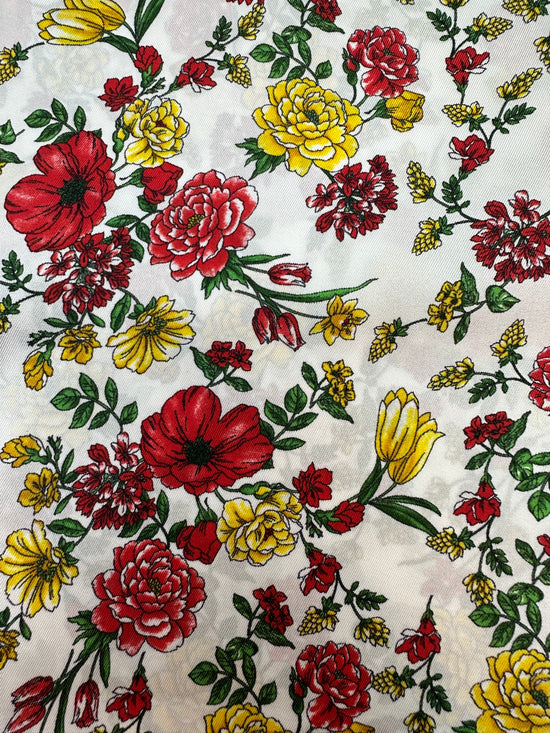 Neckertie Hvid med gule grønne og røde blomster og rød kant