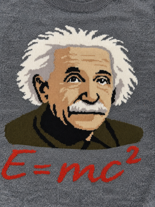 Grå striktrøje med indstrikket Albert Einstein-motiv