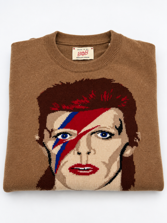 Camel striktrøje med indstrikket David Bowie-motiv
