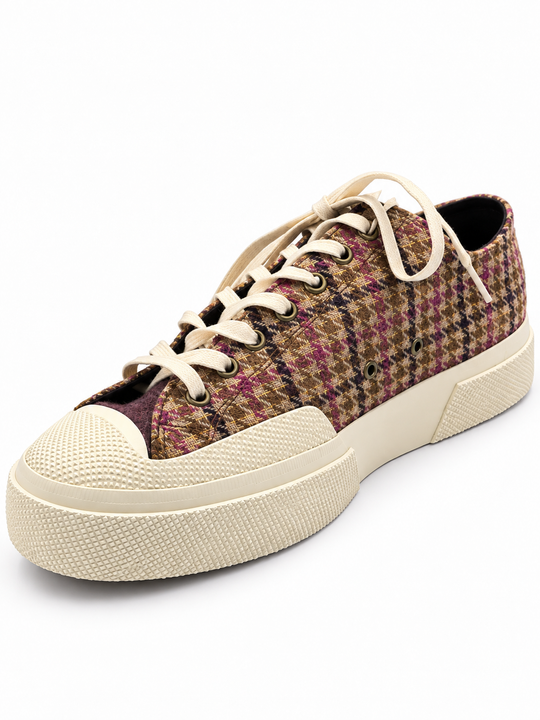 Beige patchwork herrersneaker i uld-tweed med sildebensmønster