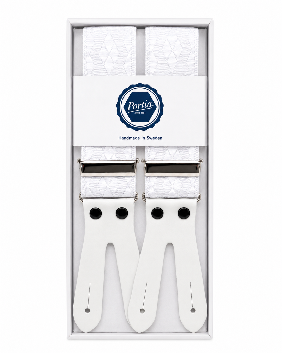 White with White Harlequin pattern and leather straps