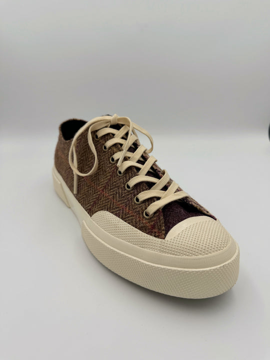 Beige patchwork herrersneaker i uld-tweed med sildebensmønster