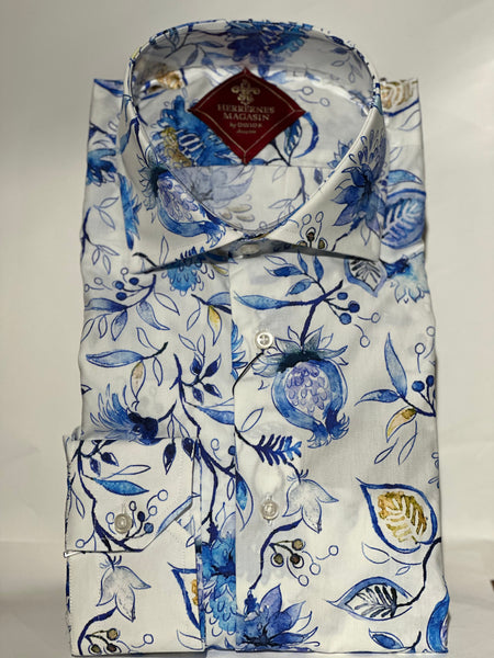 David K. Skjorte Hvid med blå og gule blomster i 100% Bomuld