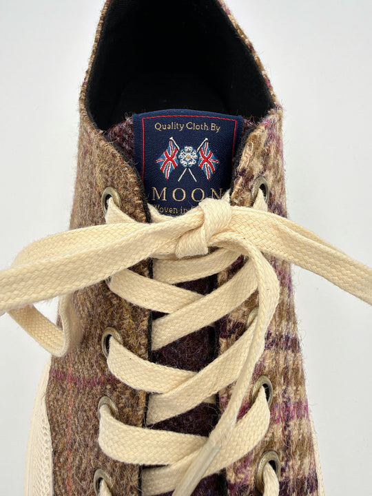 Beige patchwork herrersneaker i uld-tweed med sildebensmønster