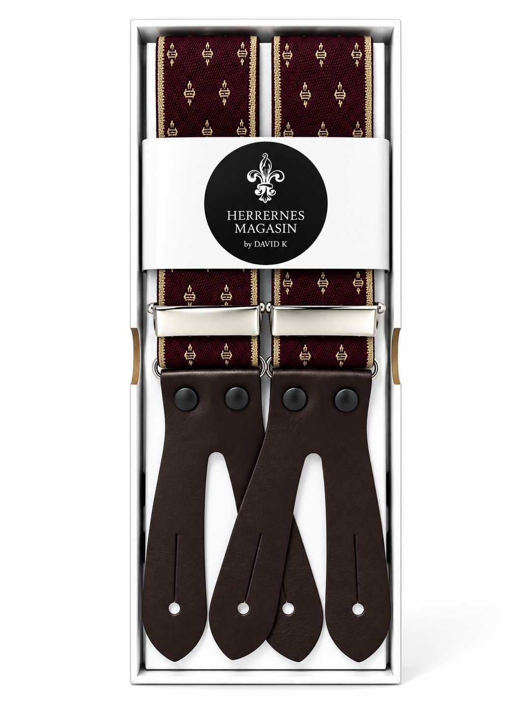 Bordeaux seler med fleur di lis mønster m. brune læderstropper
