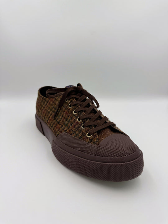 Brun patchwork herrersneaker i uld-tweed med sildebensmønster