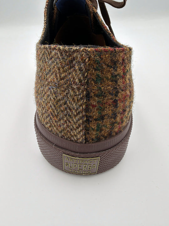Brun patchwork herrersneaker i uld-tweed med sildebensmønster