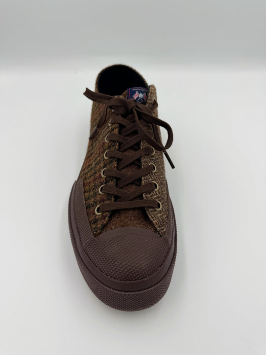 Brun patchwork herrersneaker i uld-tweed med sildebensmønster