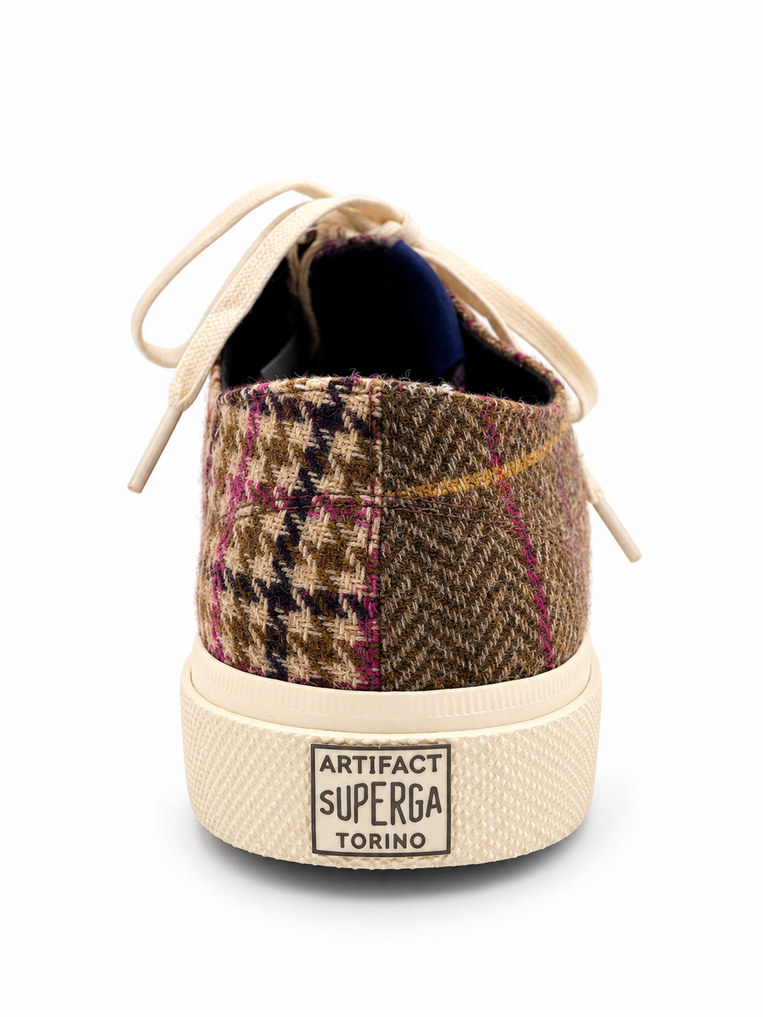 Beige patchwork herrersneaker i uld-tweed med sildebensmønster