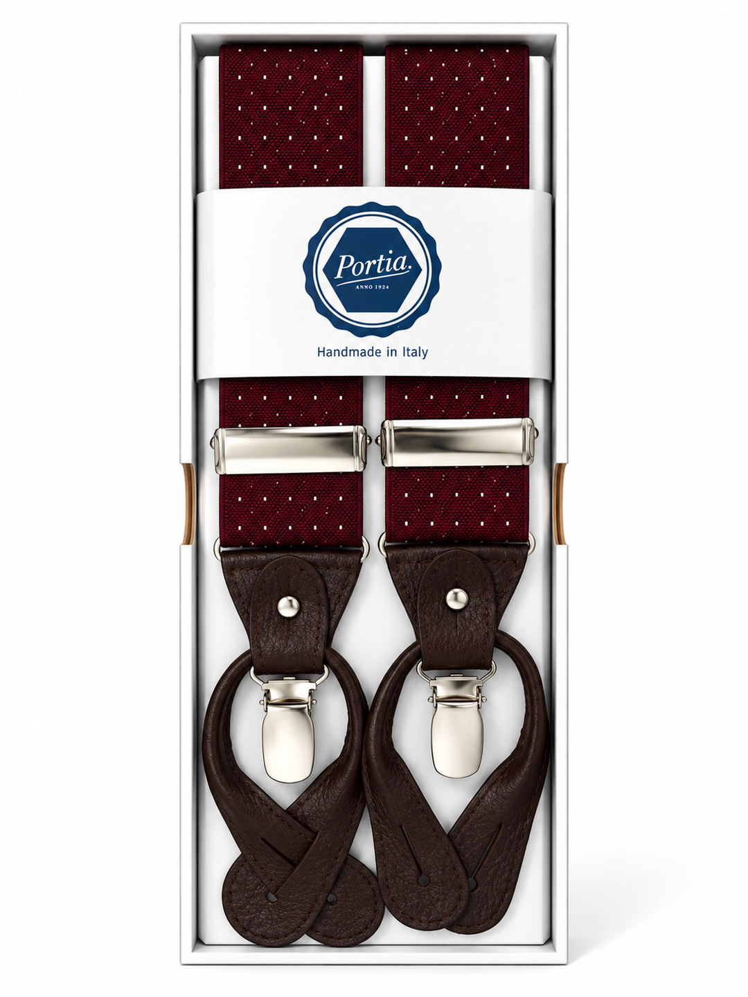 Braces with Leather Straps and Clips Bordeaux with White Dots