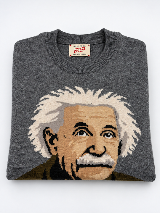 Grå striktrøje med indstrikket Albert Einstein-motiv
