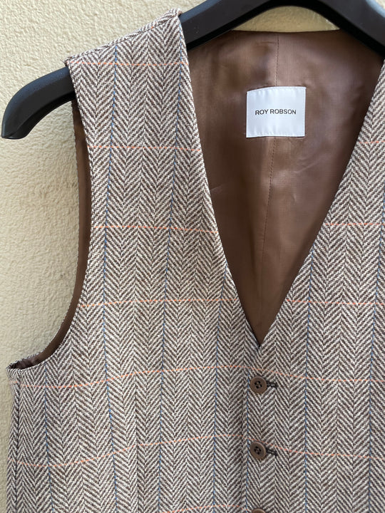 Brun herringbone vest med skjult tern